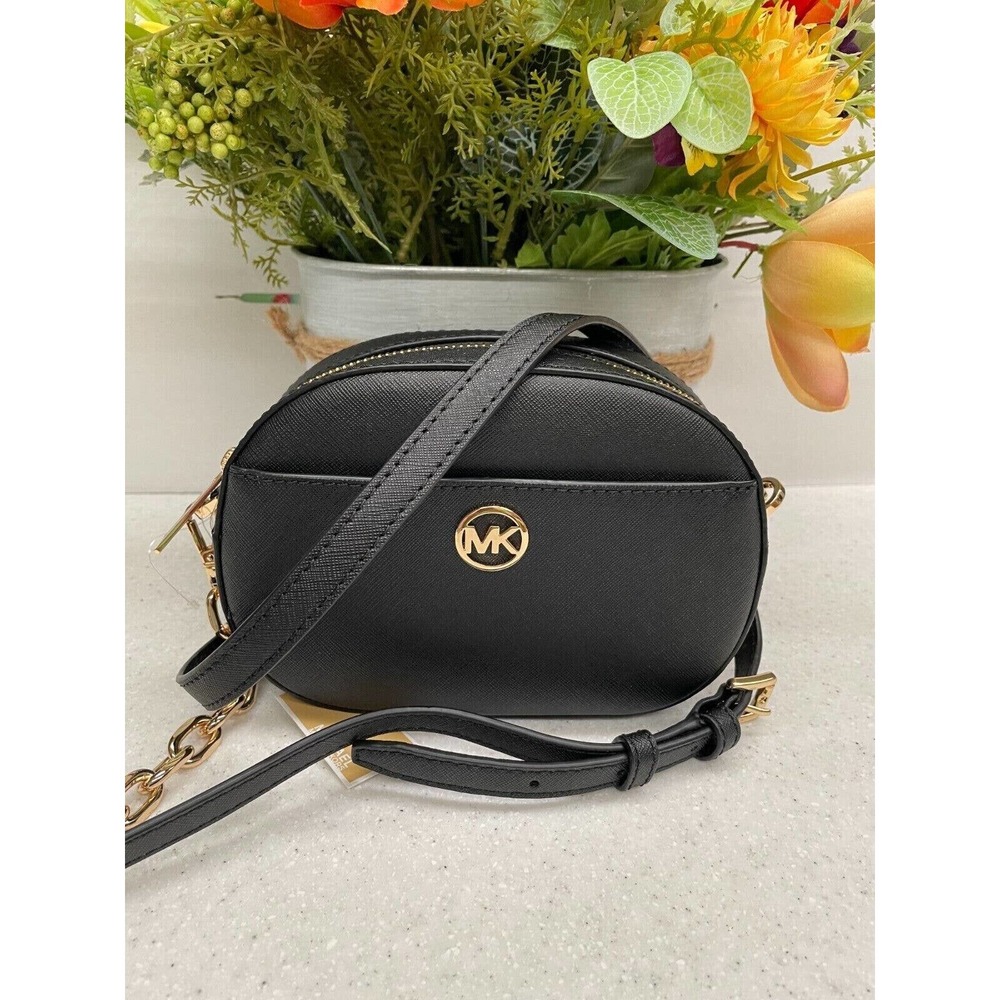 MICHAEL KORS JET SET GLAM SMALL POCKET CROSSBODY BAG SHOULDER BLACK LEATHER GOLD